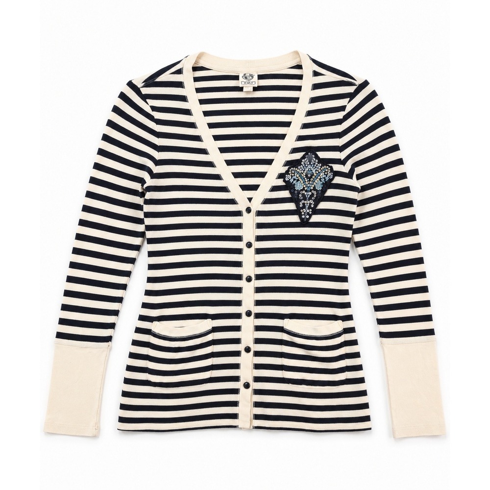 Tiny Anthropologie Petite Striped Cotton Beaded Cardigan Sweater Black Cream